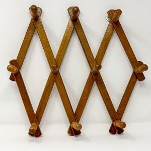 Vintage MCM Wood Accordion Wall Rack 10 Peg Expandable Coat Hat Rack Japan